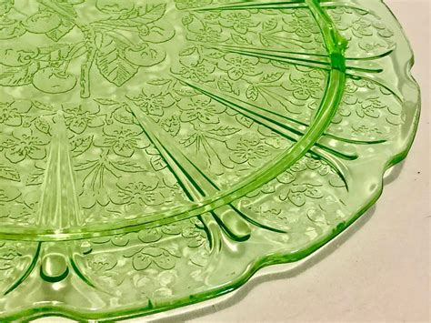 Vintage Green Depression Glass Footed Serving Plate Dish Cherry Blossom Pattern