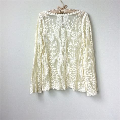 Great Gatsby Romantic Long Sleeve Sheer Ivory Lace Blouse Scoop Neck