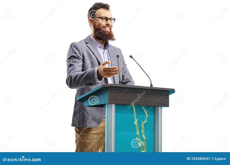 Bearded Man Giving A Speech On A Podium Stock Image Image Of Leader