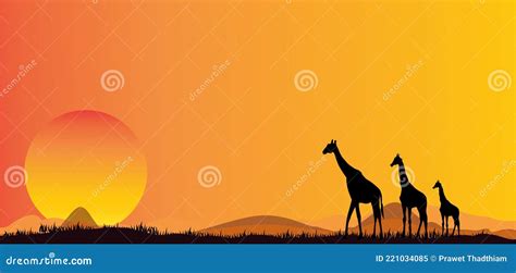 Silhouettes Of African Jungle Giraffe Sunset Safari Animals Vector