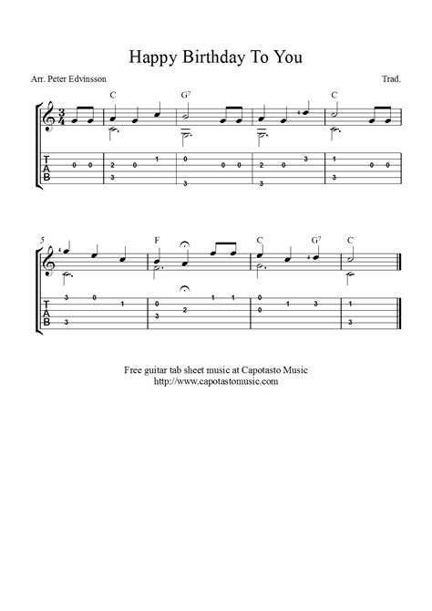 Download, print and play your favorite songs. Free guitar tablature sheet music, Happy Birthday To You soloversion