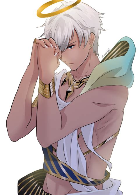 An Anime Character With White Hair And Angel Wings Holding His Hands To His Face While Sitting Down