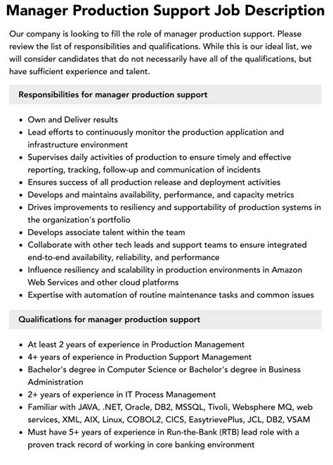 Manager Production Support Job Description Velvet Jobs