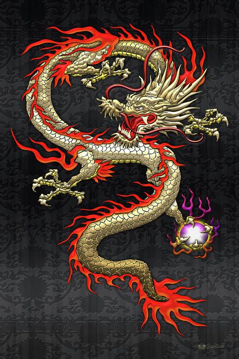 Golden Chinese Dragon Fucanglong On Black Silk Digital Art By Serge