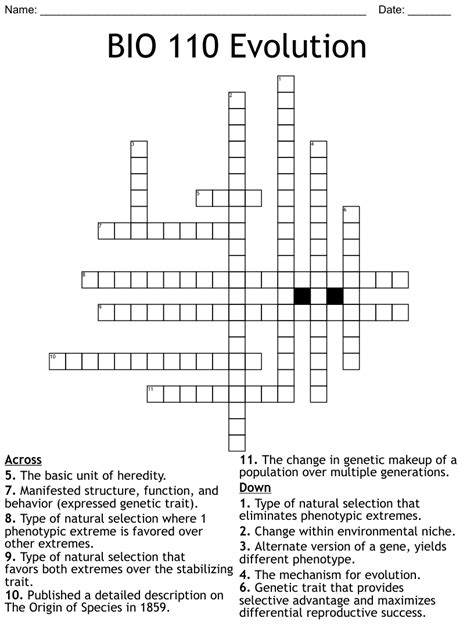 Bio 110 Evolution Crossword Wordmint