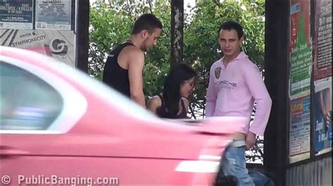 A Big Natural Breasted Brunette In Public Street Bus Stop Threesome Orgy Gang Bang With 2 Hung