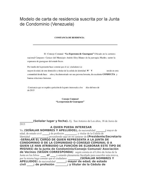 Modelo De Carta De Residencia Suscrita Por La Junta De Condominio Modelo De Carta De