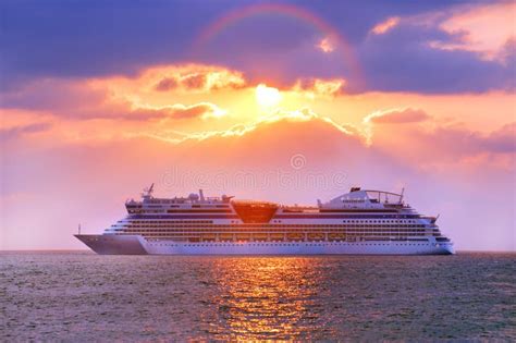 Luxury Cruise Ship Beautiful Seascape Sunset Background Stock Image