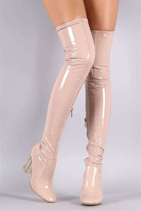Patent Leather Chunky Lucite Heeled Over The Knee Boots Above Knee