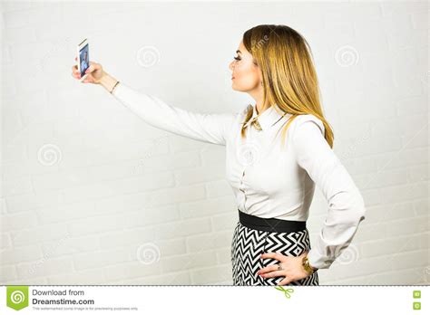 Young Woman Taking A Selfie Inside Office Stock Photo Image Of Beauty