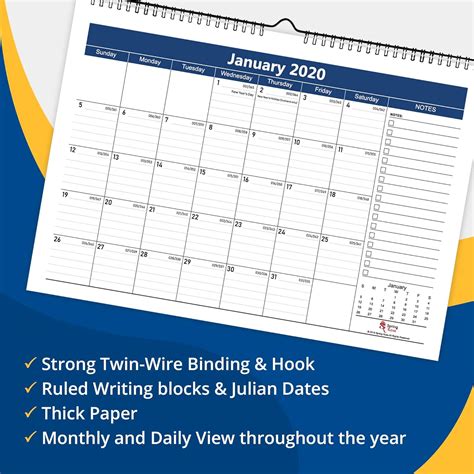 17 Inch Wall Calendar Twin Wire Binding Premium Thick Paper For