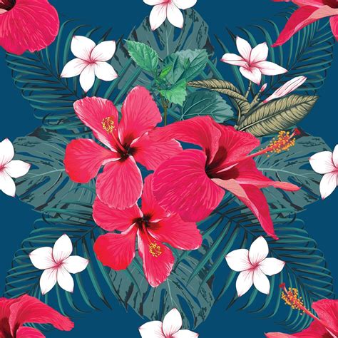 Seamless Pattern Tropical Summer With Red Hibiscus And Frangipani