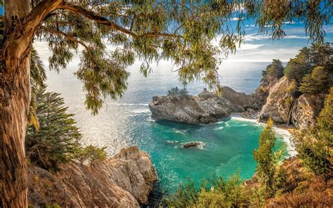 Landscape Nature California Beach Coves Waterfall Coast Sea Trees Shrubs Rock