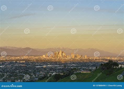 Sunset Aerial View Of The Beautiful Los Angeles Downtown Cityscape With