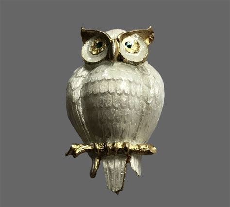 Owl Brooch Pin Silver White Enamel Kaleidoscope Effect