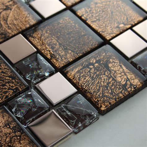 Rose Gold Stainless Steel Metal Mosaics Crackle Glass Tile Wall Tiles