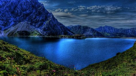 Beautiful Blue Scenery Mountains River Green Small Plants Under White