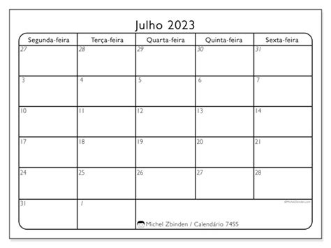 Calendário De Julho De 2023 Para Imprimir “47ds” Michel Zbinden Br