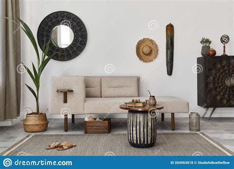 Interior Design Of Ethnic Style Living Room With Modern Commode Round