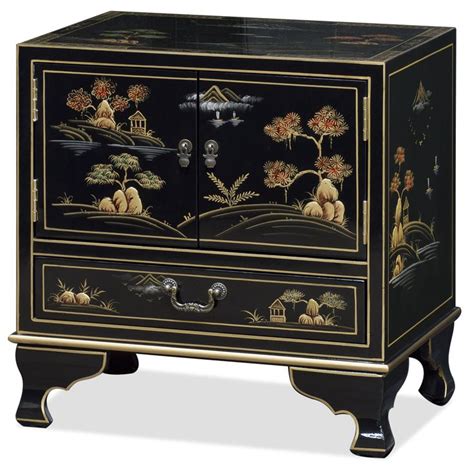 Black Chinoiserie Scenery Motif Oriental Accent Cabinet Chinoiserie