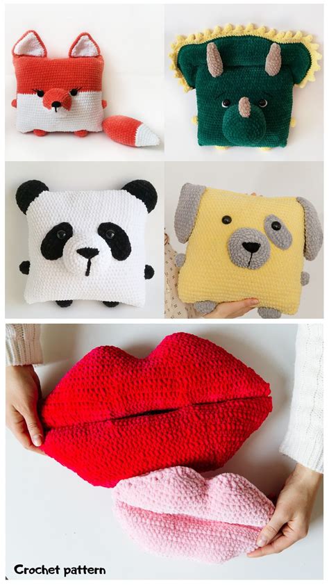 Crochet pillow pattern, crochet lips, crochet panda pattern, crochet dinosaur, crochet dog, fox ...