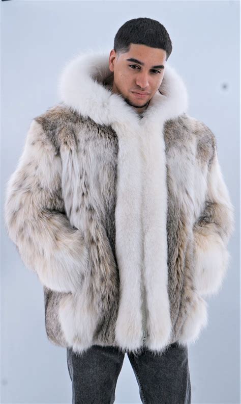 Mens Lynx Jacket With Hood White Fox Fur Trim Marc Kaufman Furs