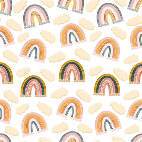 Bohemian Modern Boho Chic Seamless Pattern With Hand Drawn Abstract Rainbows In Scandinavian