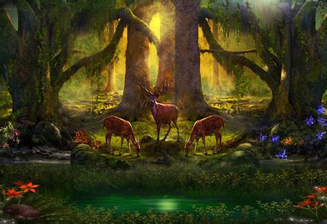 Download Green Tree Deer Forest Artistic Fantasy Wallpaper