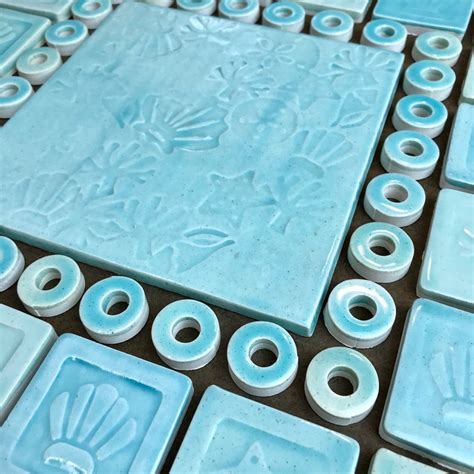 Sea Shells Aqua Handmade Ceramic Tile Mosaic Ready To Etsy