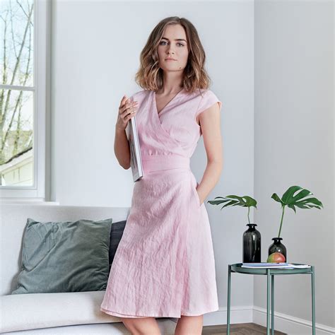 Linen Dress Wrap Dress Pink Summer Dress Short Sleeves Midi Dress With Belt Elegant Wrap