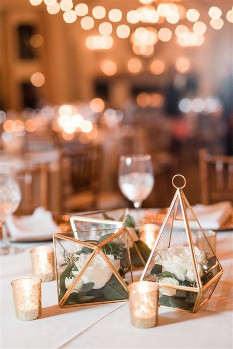 Wedding Centerpiece Ideas With Gold Geometric Terrarium And Candles