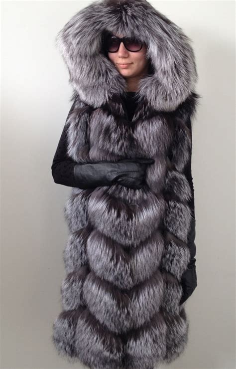 Jacket Coat Hood Vest Fur Silver Fox Fur Coat Vintage