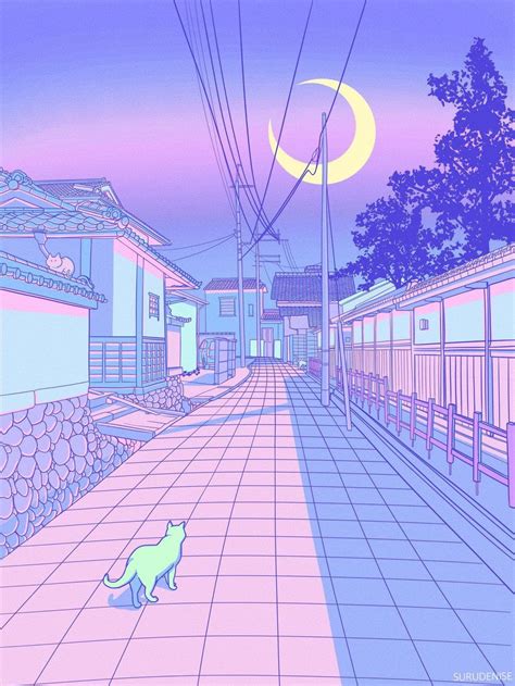 Pastel Japan Cats And Alleyways Illustrations Aesthetic