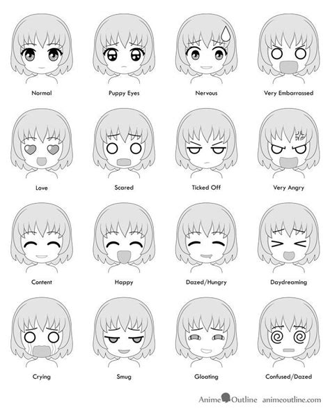 16 Chibi Anime Facial Expressions Emotions Chart Anime Face Drawing Chibi Drawings Kawaii