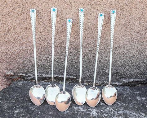 Vintage Navajo Sterling Silver And Turquoise Iced Tea Spoons Set Of Six