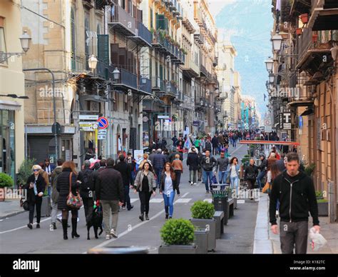 Sicily Pedestrian Zone In The Old Town Of Palermo Via Maqueda Stock