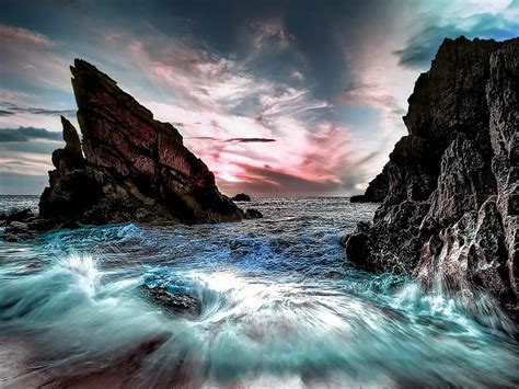 Sunset Rocks Colorful Beach Shore Waves Sands Amazing Water