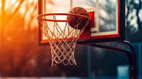日没時のバスケットボールコートのバスケットボールホースとボール プレミアム写真