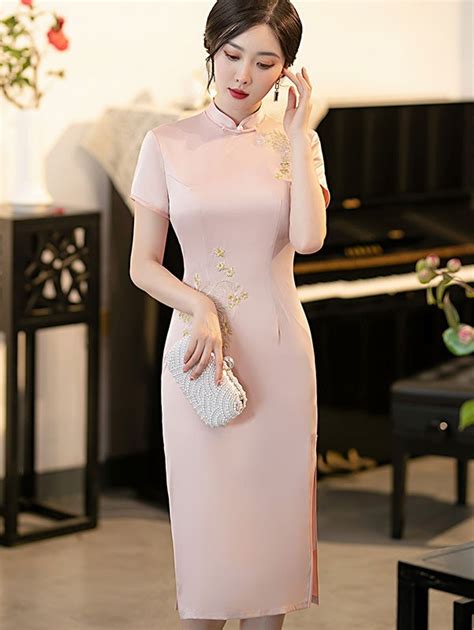 Blue Pink Mothers Embroidered Mid Qipao Cheongsam Dress CozyLadyWear