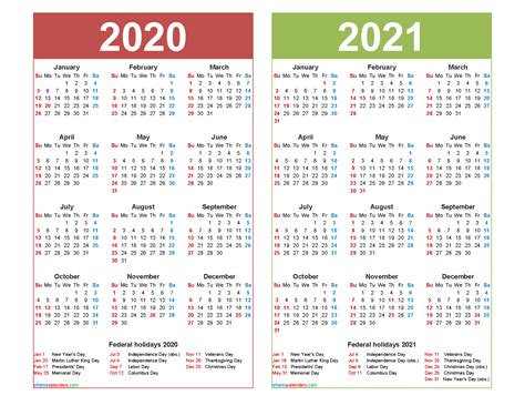 Free 2020 And 2021 Calendar Printable With Holidays Free Printable