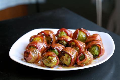 Candied Bacon Wrapped Brussels Sprouts With Maple Dijon Glaze