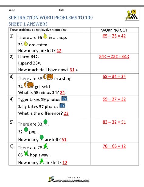 To solve the first equation on the worksheet, students will need to know the equation for a rectangular prism (v = lwh, where v equals volume, l equals the length, w equals the width, and h equals the height). Subtraction Word Problems 2nd Grade