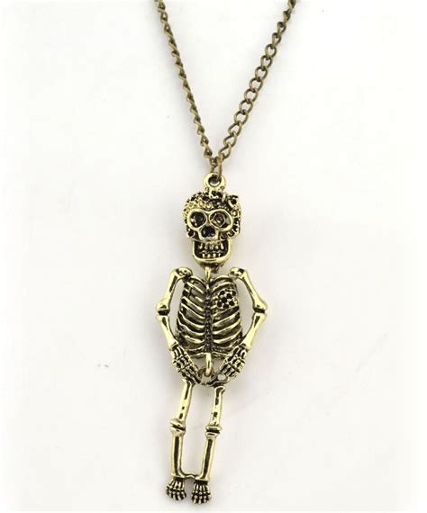 Vintage Style Retro Skeleton Skull Pendant Necklace Bronze Sweater Long