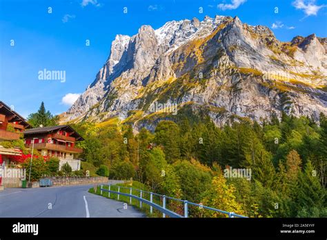 Grindelwald Switzerland Street And Autumn Swiss Alps Mountains