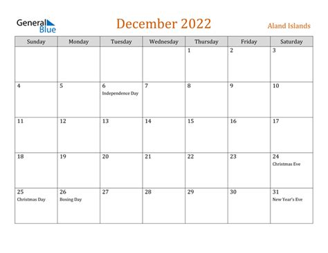 Aland Islands December 2022 Calendar With Holidays