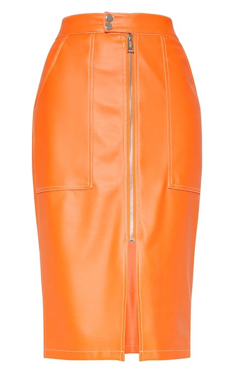Orange Faux Leather Contrast Stitch Midi Skirt Prettylittlething Usa