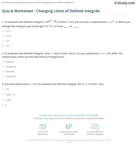 Quiz And Worksheet Changing Limits Of Definite Integrals
