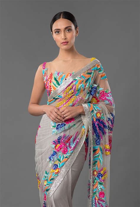 Grey Tulle Saree With Sequins Embroidery Manish Malhotra Indian Designer Sarees Designer