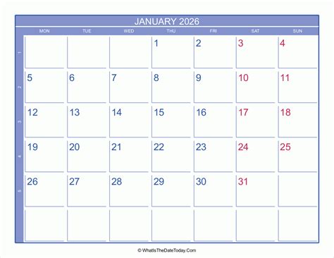 2026 January Calendar With Week Numbers Whatisthedatetodaycom