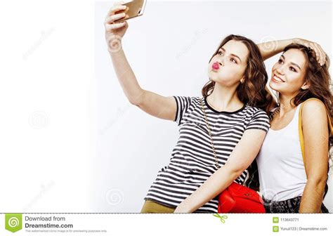 Best Friends Teenage Girls Together Having Fun Posing Emotional Stock
